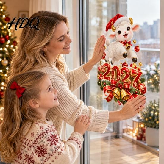 Christmas Lamb Window Art 2027 New Year Clings Cartoon Sheep Static Glass Stickers Door Festive Ornaments of Goat Decal for Holiday Home Office