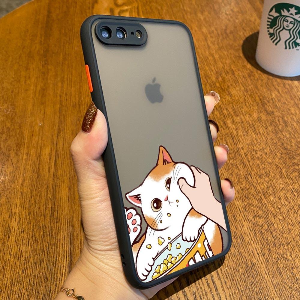 Animal Shockproof Matte Phone Case For Iphone 11 12 13 Pro Max Mini 7 Plus XR X S Cover Cute Pinched Face Eat Snacks Cat Cosplay