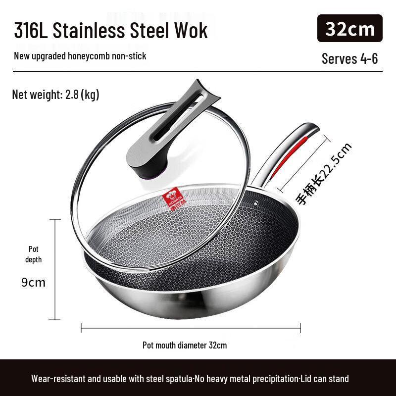 Kangbah 32cm 316L Stainless Steel Non-stick Wok