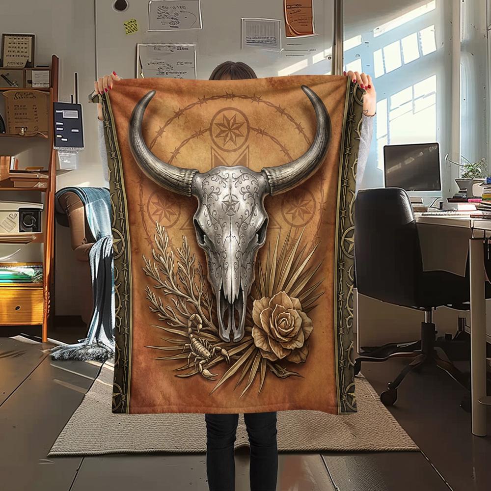 

1Pc Western Bull Skull Print Flannel Blanket High Quality Warm Comfortable Cover for All Seasons Perfect for Gifts Home Decor 80cm x 120cm