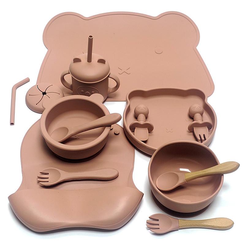 14pcs Silicone Baby Tableware Set Food Children Supplementary Bowl Baby Dinner Plate Fork Spoon Bib Non-slip Bowl Drop-proof Bow