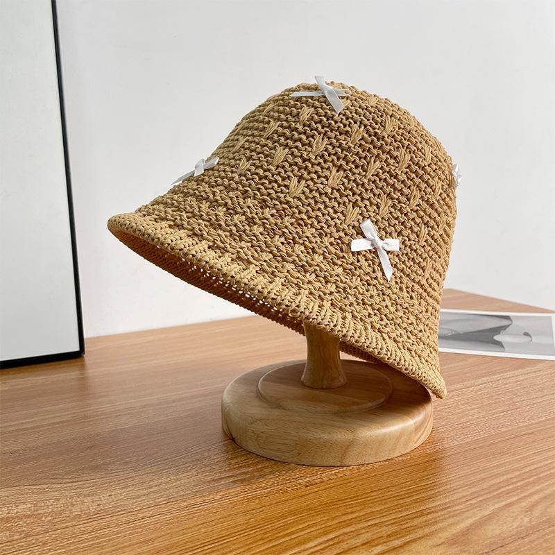 Bow Woven Fisherman'S Hat Children Summer Hollow Breathable Straw Hat Sunshade Sunscreen Bucket Hat Showing Face Small Basin Hat