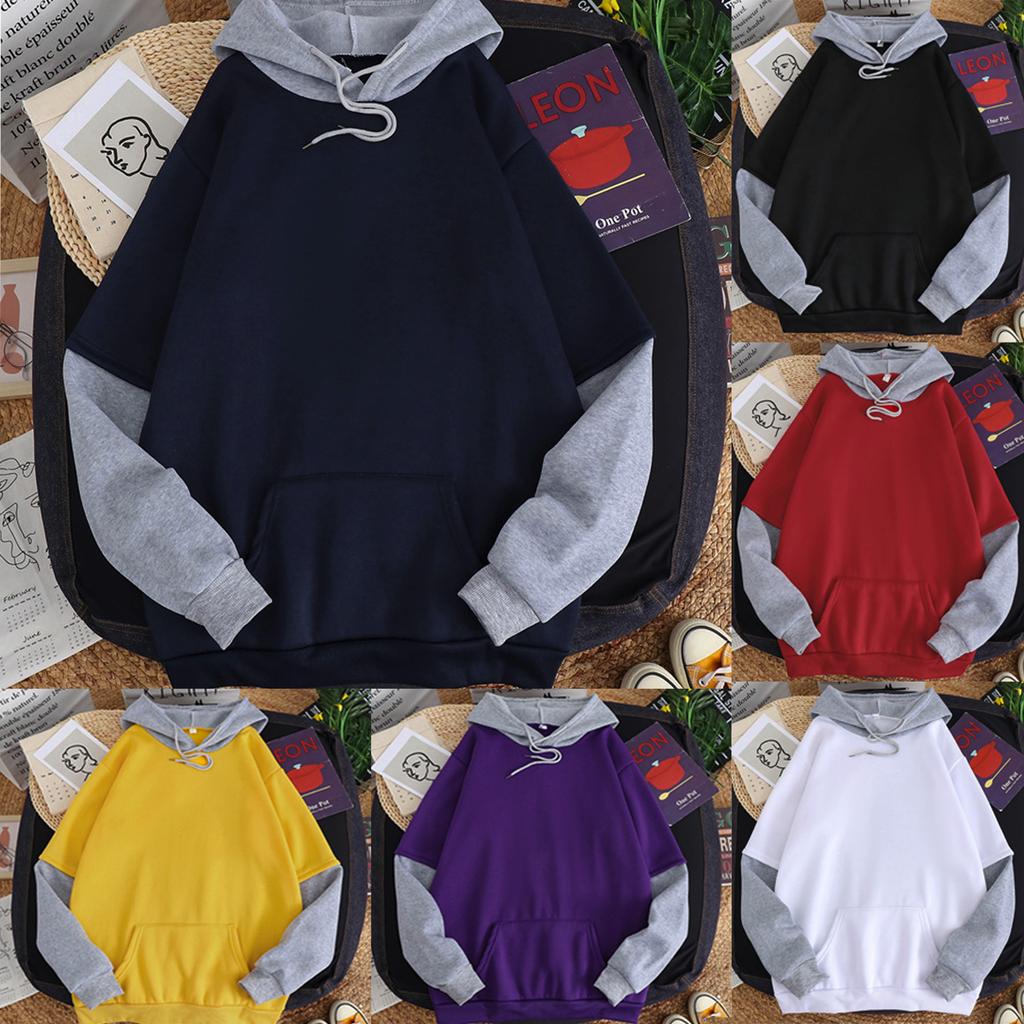 Women Casual Solid Long Sleeve Splited Patchwork Hoodie Sweatshirt Pullover Top