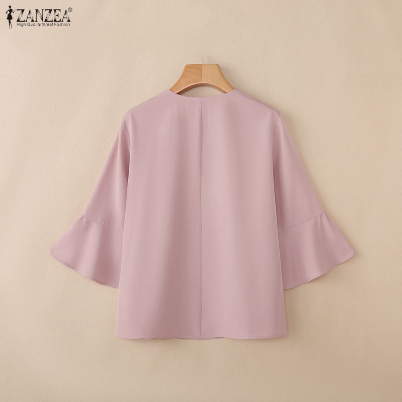 ZANZEA Women Casual V-Neck Solid Color 3/4 Sleeve Loose Blouse