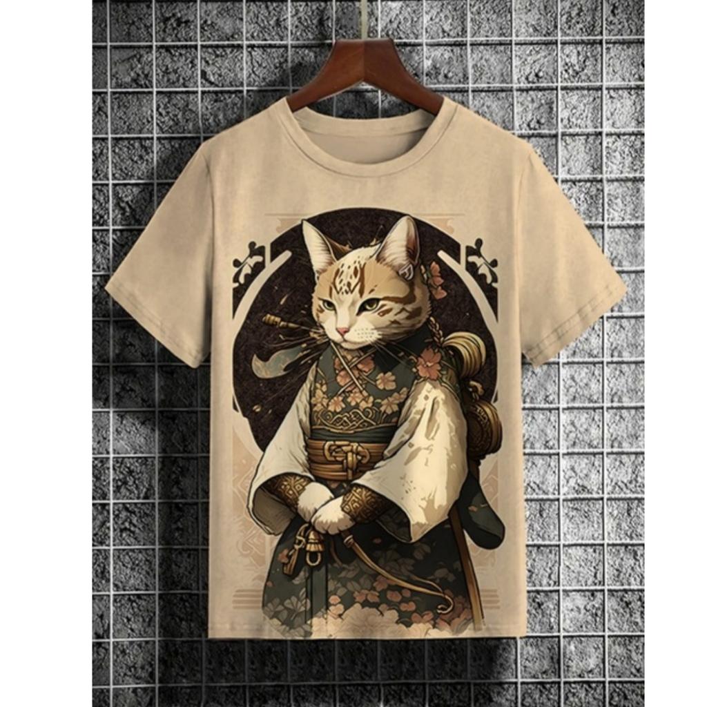 Men's T-Shirt Japanese Style Samurai Cat Graphic 3D Printed T-Shirt Casual Short Sleeved Tee Outdoor Oversized Men Clothing Tops