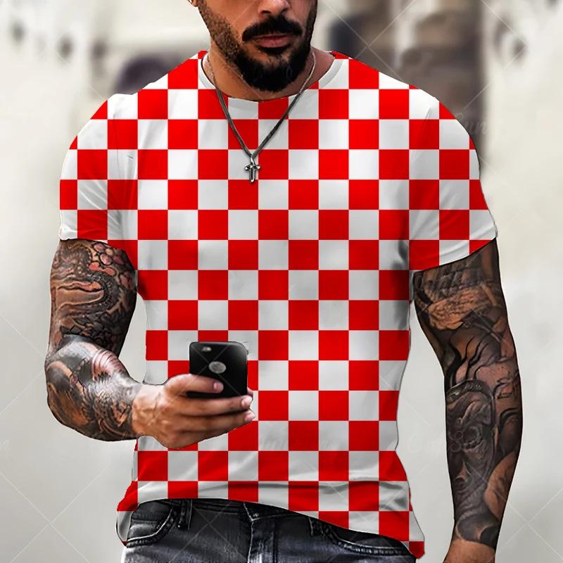HerSight Heren Trendy T-shirt 3D Geprint Vierkant Ruit Grafisch T-shirt Harajuku Top met Korte Mouwen Herenkleding Shirt L