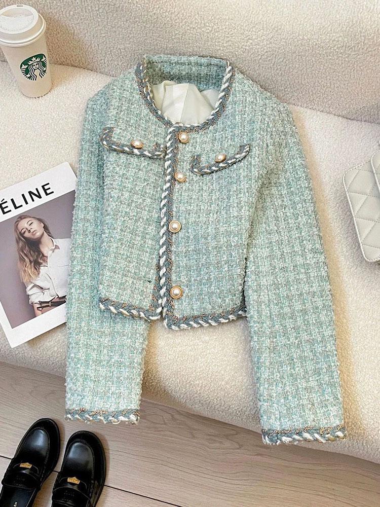 Chic Button Crop Coats Women Spring Autumn Long Sleeve O Neck Elegant Jacket French Fashion Exquisite Office Lady Tweed Outwear