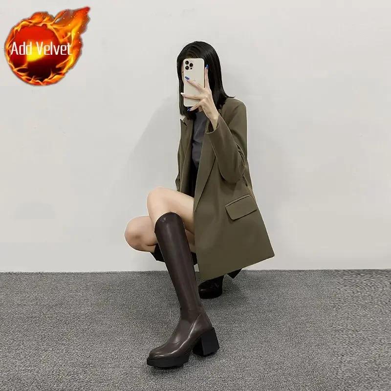 Fashion Black High Heels Elegant Heeled Long Boots for Women Round Toe On Offer Pu Goth Comfortable Work Chic Hot Knee Shaft Shoes Woman