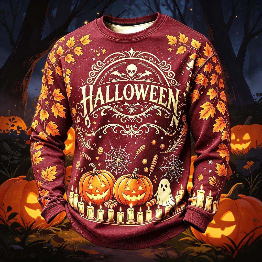Men's Casual Round Neck Long Sleeve Top with Halloween Print