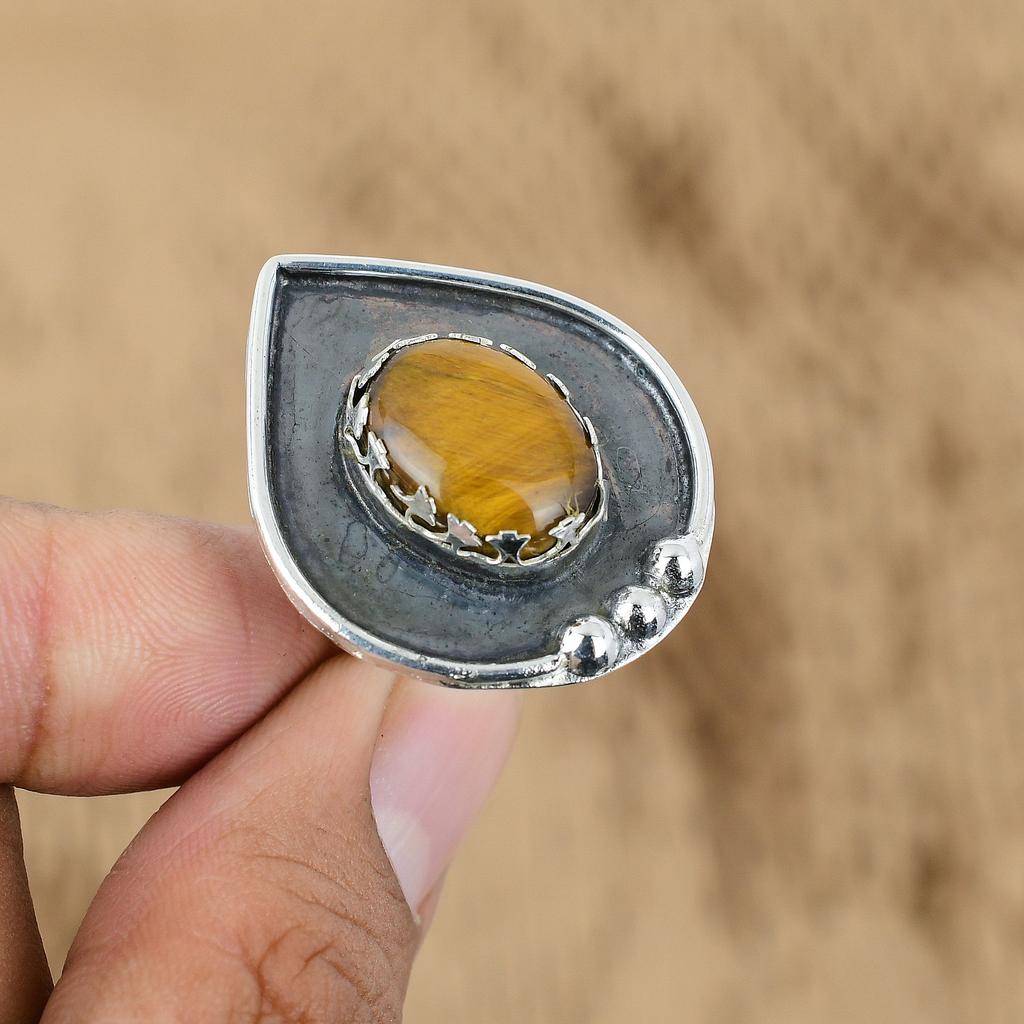 Natural Tiger'S Eye Gemstone 925 Silver Promise Adjustable Ring For Girls