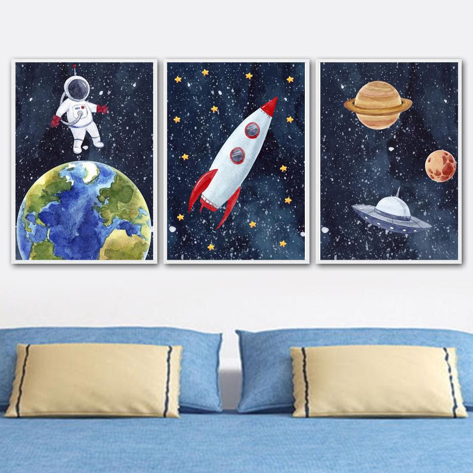 Cartoon Space Astronaut Planet Rocket Spacecraft Wall Art Print Canvas Painting Nordic Poster Wall Pictures Baby Kids Room Decor