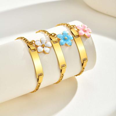 Personalized Engrave Name ID Bracelet for Kid Baby, Stainless Steel Flower Charm Bracelet, Waterproof Custom Jewelry for Girl