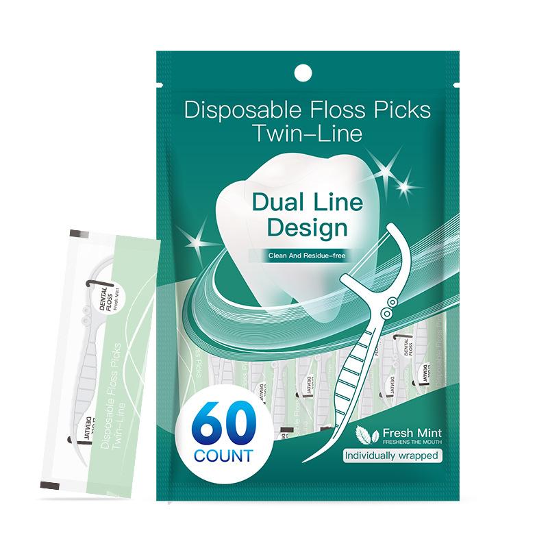 60PCS Universal Double Floss Independent Packaging Mint Floss Stick Hotel Catering Portable Single Floss Bag