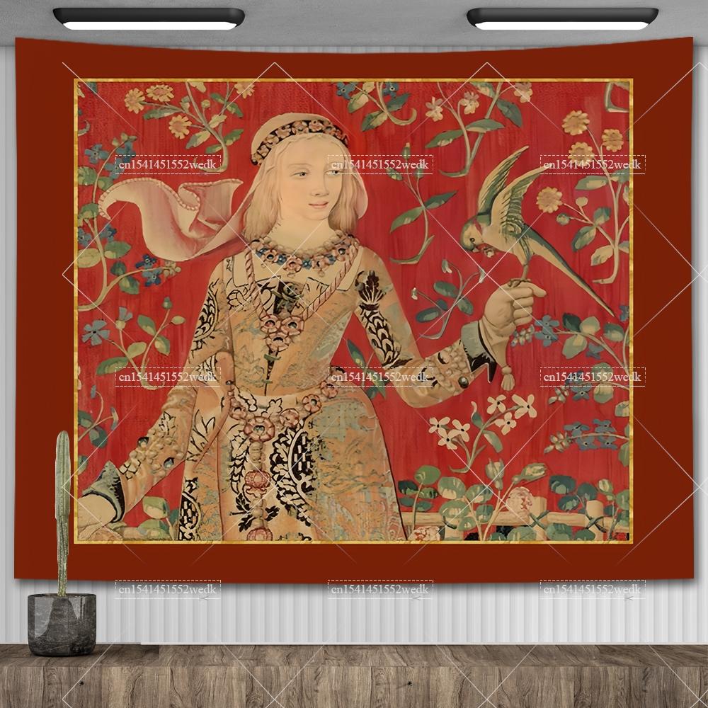 Гобелен «Леди и единорог» Средневековый гобелен Настенный гобелен Печатный домашний декор Гобелены Фоновое покрытие для комнаты Для кровати 30X40in 76x102cm