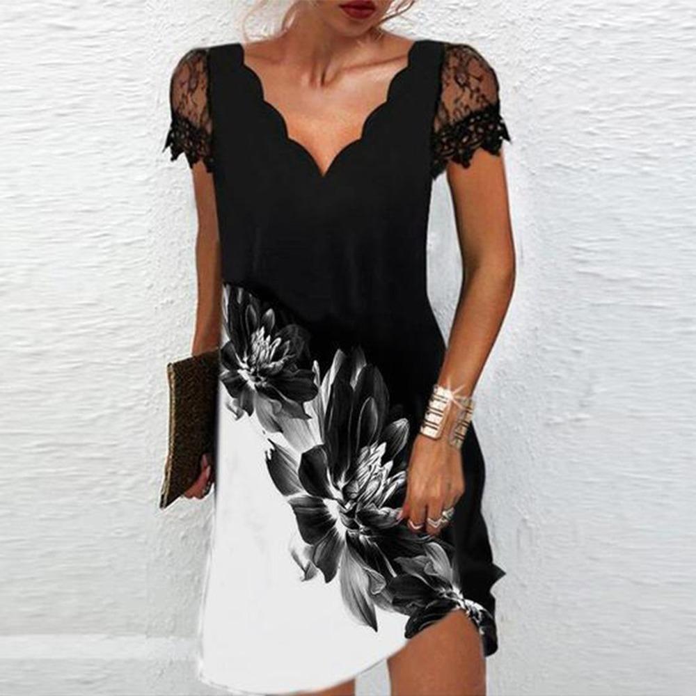 Frauen Drucken V-ausschnitt Spitze Nähte Kurzen ärmeln Kleid Sexy Mode Sommer Plus Größe Casual Kleid