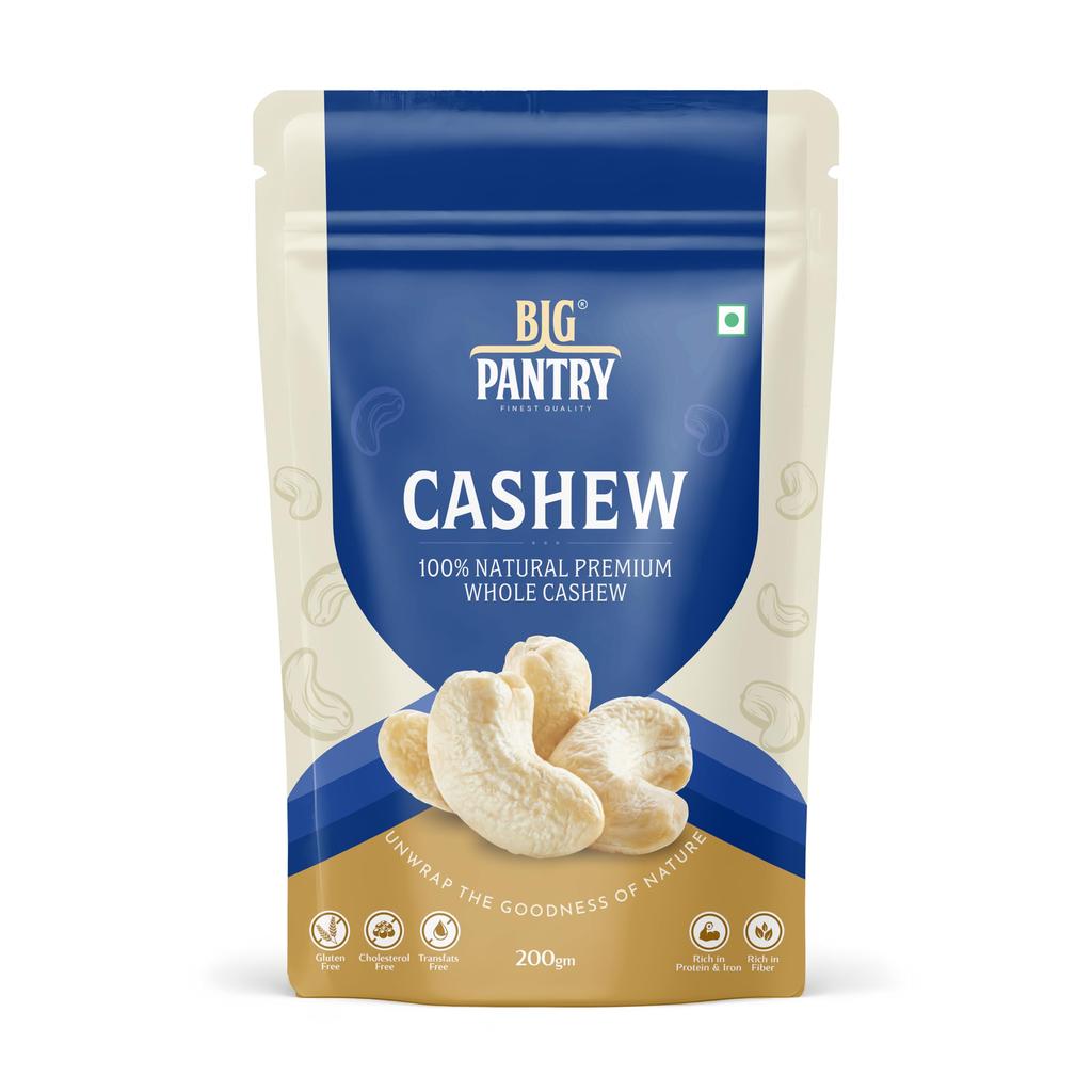 Big Pantry Rohe Premium Cashewkerne 200g | Proteinreicher Ganzer Kaju-Nuss Snack | Nährstoffreicher Glutenfreier & Pflanzlicher Protein-Snack | 100% Roh & Natürlich