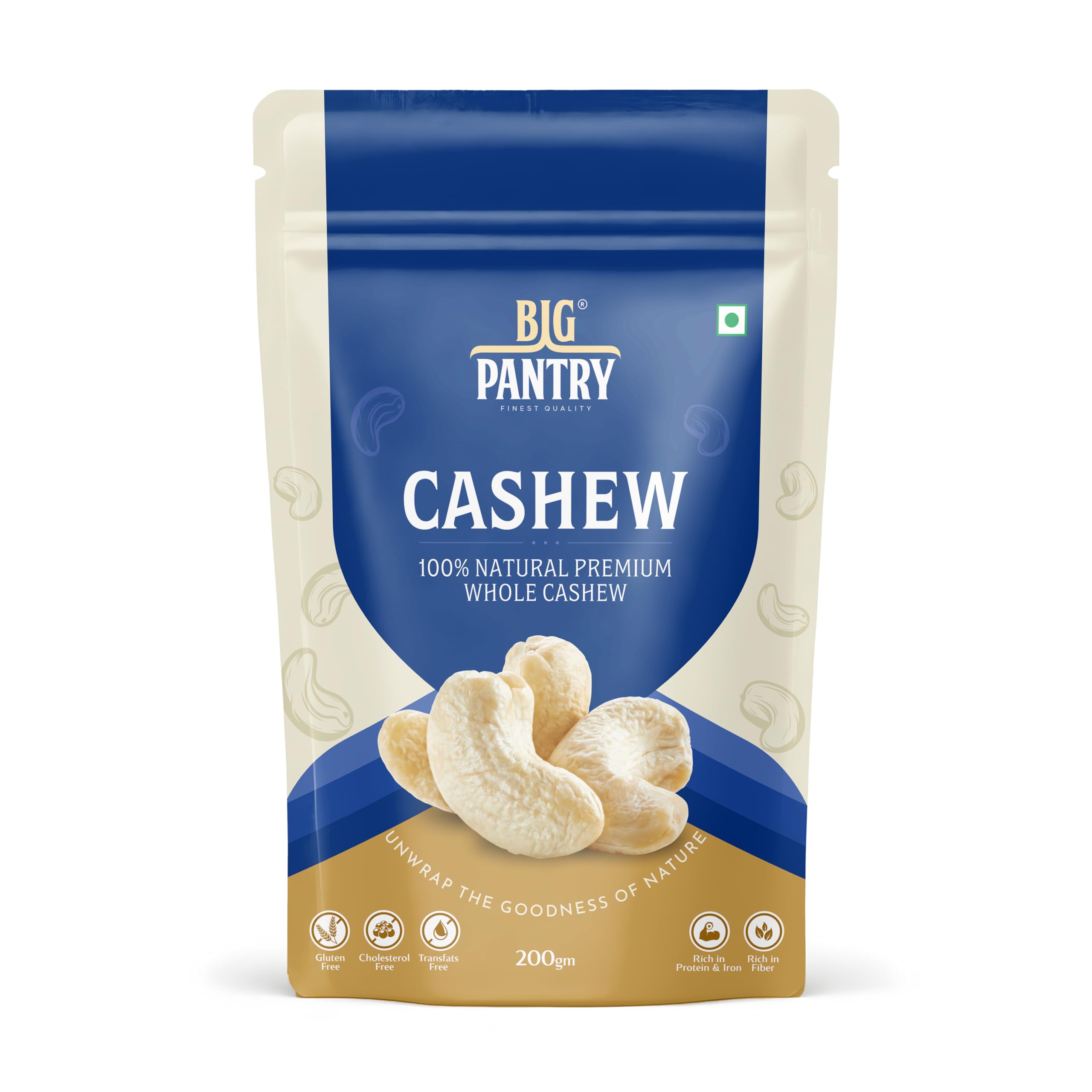 Big Pantry Raw Premium Cashew Nuts 200g | Protein Rich Whole Kaju Nuts | Nutritious Gluten Free & Plant based Protein Snack | 100% Raw & Natural