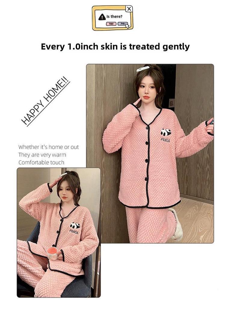 Pajama damska z różowego aksamitu flanelowego w dużym rozmiarze - Uroczy i ciepły kardigan na jesień/zimę