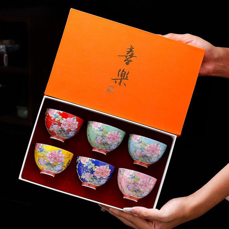 Enamel Color Ceramic Tea Cup Gongfu Tea Set Home Use Drinking Cup Style Peony Handmade Craft High Temperature Glaze
