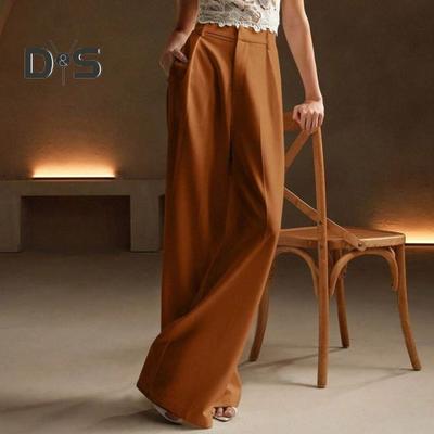 Women Pants High Waist Button Zipper Closure Straight Wide Leg Long Trousers with Pockets Solid Color Commuting Style Pants