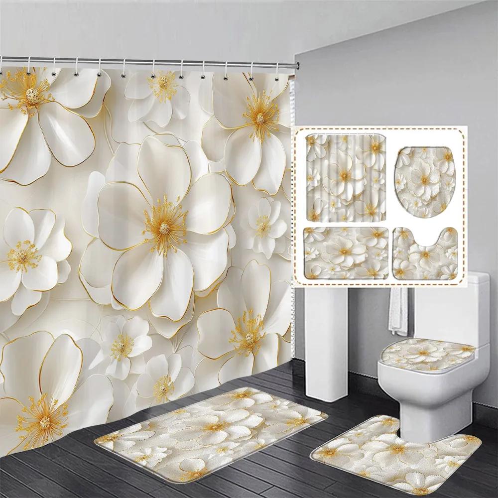 Luxury Pink Floral Butterfly Shower Curtain Set Diamond Flower Art Bathroom Decor Bath Curtains Bath Mats Toilet Lid Cover