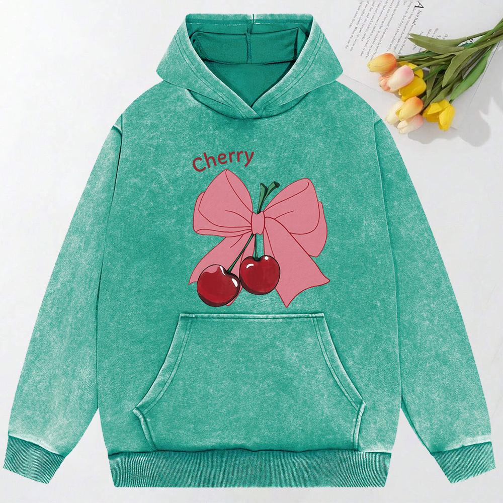 Bow Cherry Cartoon Printing Women Washed Hoodie Oversized Streetwear Comfortable Soft Hoodie Cotton Sweatshirt