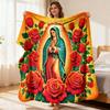 Virgen De Guadalupe Red Roses Flannel Blanket Soft Warm Throw with Religious Icon & Rosy Design Cozy All-Season Couch Decor Machin