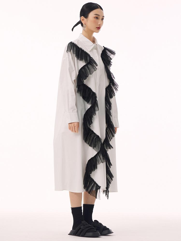 Xitao Patchwork Netz Einfarbig Einreiher Hemdkragen Kleid GMM1184