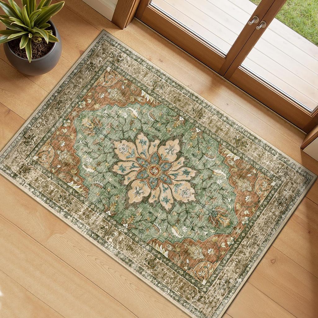 Tappeto Bohémien Vintage con Stampa Floreale, Tappetino Antiscivolo Orientale Consumato Verde Beige per Soggiorno Camera da Letto Arredamento Casa Tappeto
