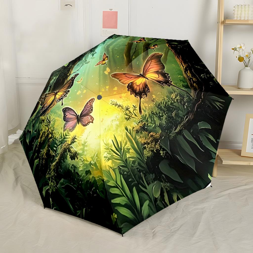 Blue Butterfly Floral Circle Outdoor Automatic Umbrella Compact 8 Rib Design Sturdy Construction for Outdoor Daily Use Compact Folding Umbrella