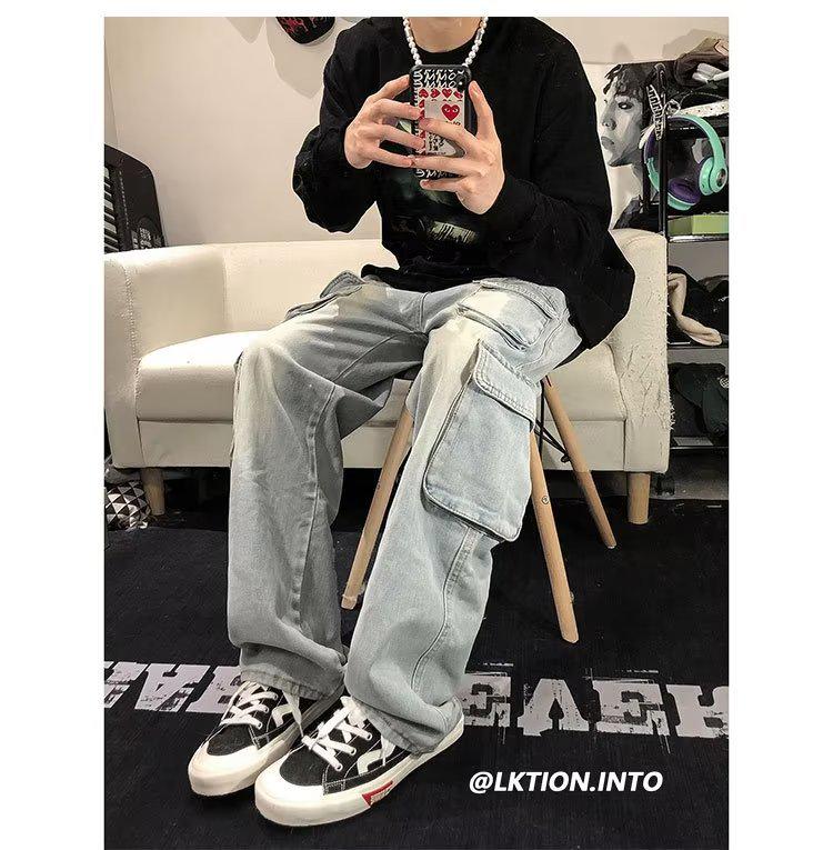 Men's Washed Denim Casual Pants – 2022 Autumn/Winter Hong Kong Style Overalls