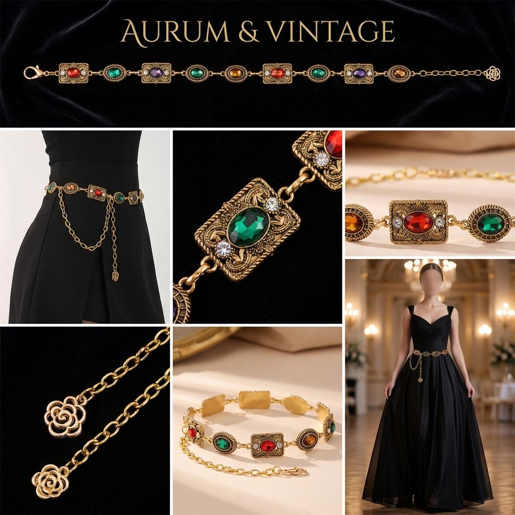 Bohemian Colorful Rhinestone Waist Chain for Women Retro Floral Carving Geometric Metal Belt Body Chain Beach Bikini Jewelry