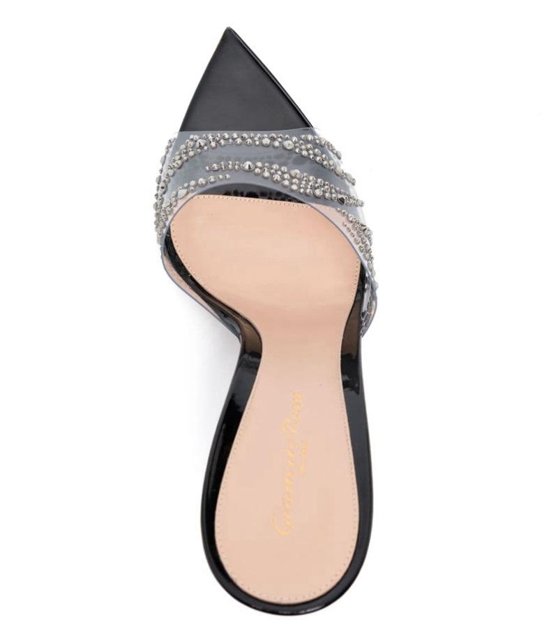 Customized Summer European and American Style Fashionable Transparent Rhinestone High-heeled Slippers Thin Heel Pointed One Pedal High-heeled Sandals