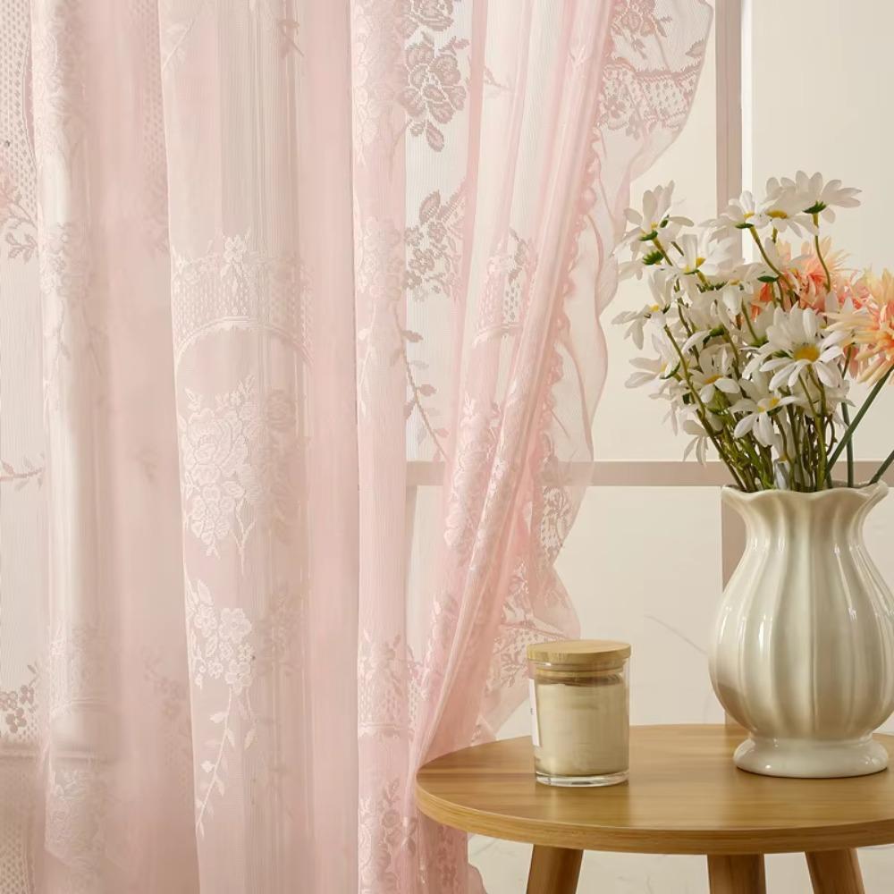 2 Pcs Ruffled Edge Gauze Curtain Retro Lace Sheer Curtain Romantic French Lace Floral Curtain  Door