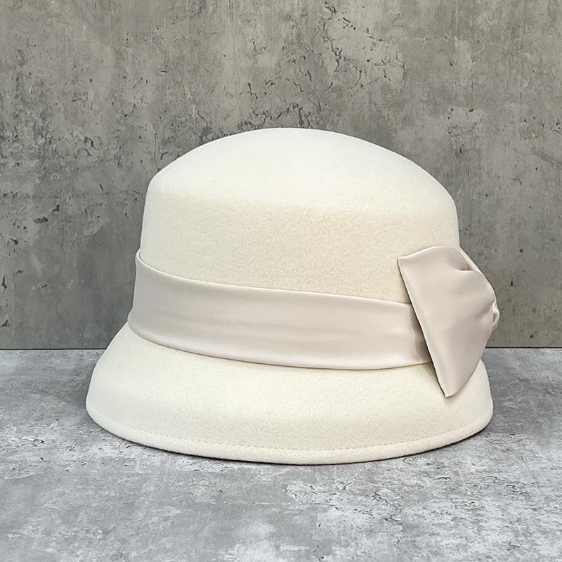 French Elegant White Woolen Top Hat Women'S Autumn And Winter Retro Hepburn Bucket Hat Autumn And Winter Small Edge Bell-Shaped Basin Hat