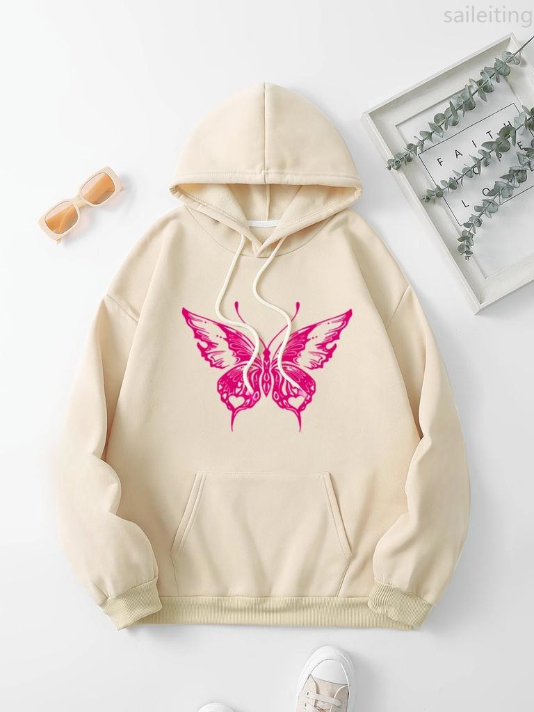 Butterfly and Letter Print Drawstring Hoodie Casual Long Sleeve Kangaroo Pocket Hoodie Women's Clothing Pullover Fashion Y2K