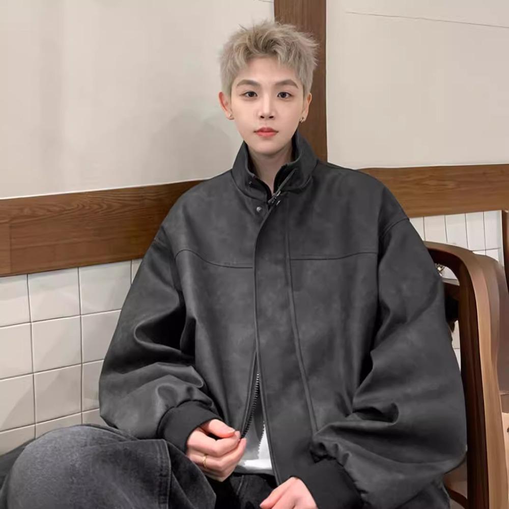 pu leather jacket men's spring new American retro high street trendy brand ruffian handsome high-end loose stand-up collar jacket