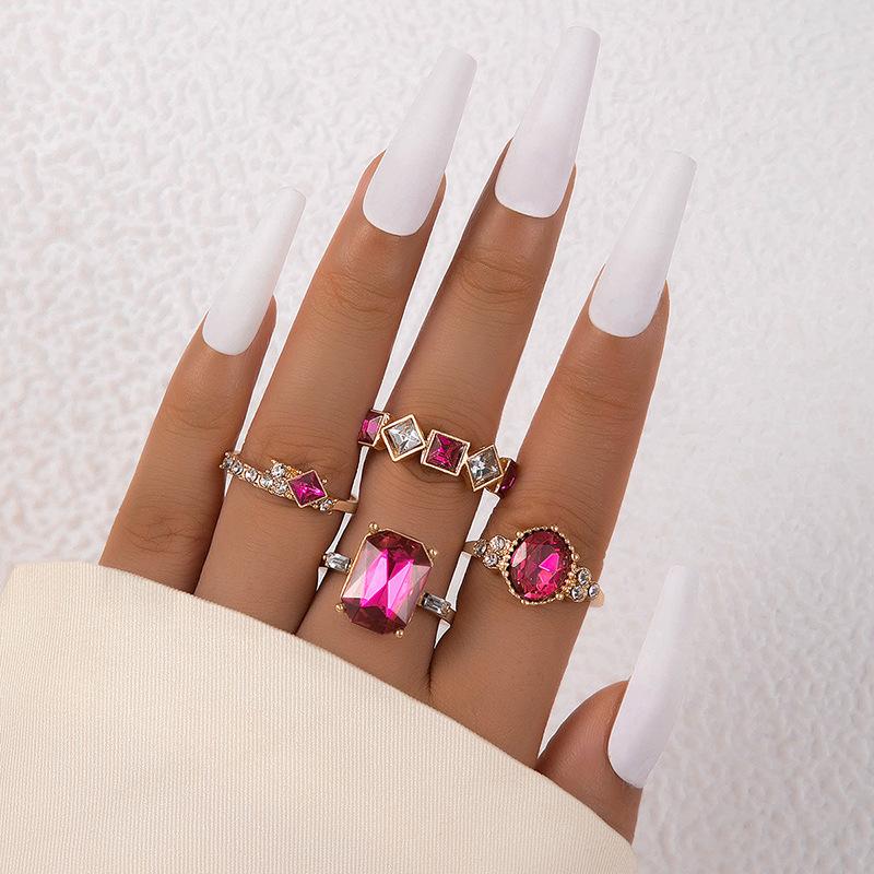 Men and Women Color Diamond Set 4-piece Ring Geometric Imitation Gemstone Set Ring Set