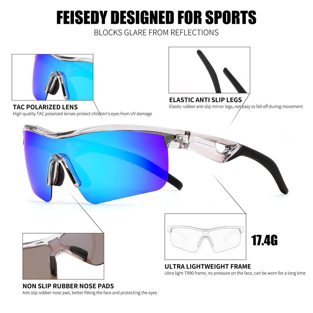 Feisedy Kids Sports Polarized UV TR90 Ultralight Sunglasses for UV B2454 Sunglasses, Lenses, Protection, Golf, Jogging, Baseball, Basketball, Fishing,