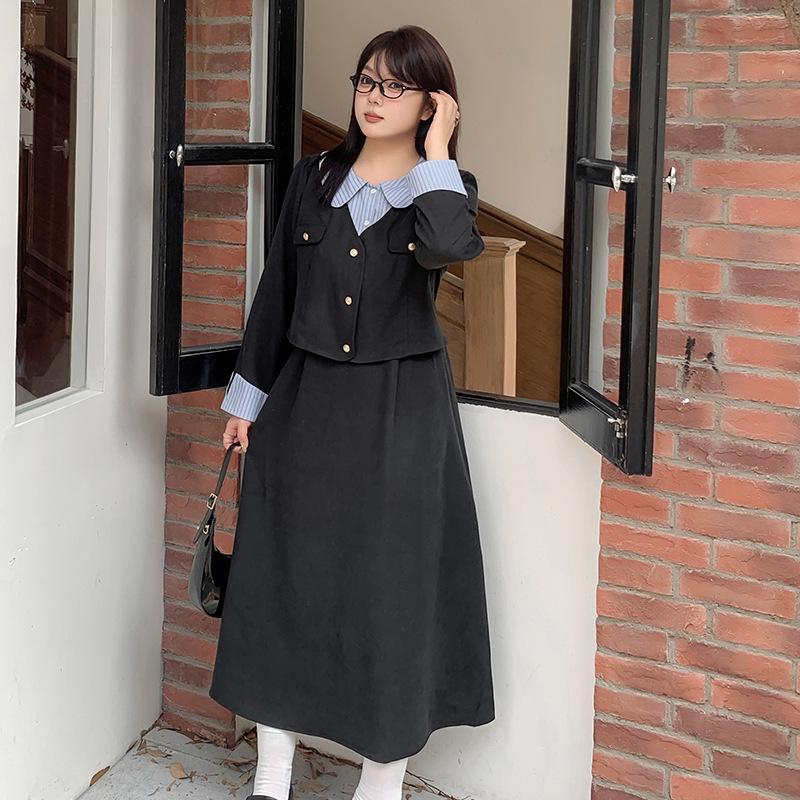 Large Size Women's Clothing College Style Splicing Fake Two Pieces, Autumn and Winter New Waist and Thin A-shaped Skirt 421847