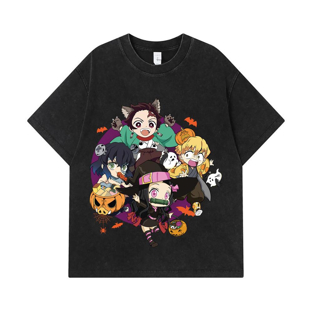 275 GSM Washed T-shirts 100% Cotton Demon Slayer V111 Halloween Print Unisex Heavy Cotton T Shirt
