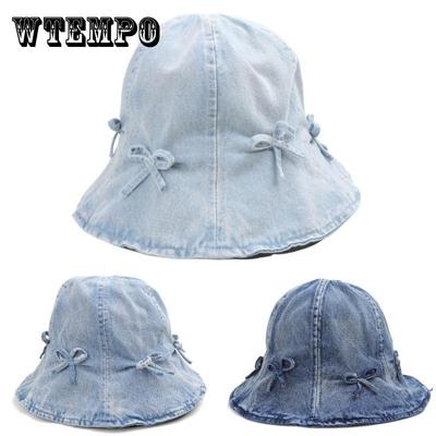 Women Sunshade Sunscreen Foldable Solid Colour Wide Brim Sun Hat Washed Vintage Denim Bow Fisherman Hat Outdoor Sports Travel Bucket Hat