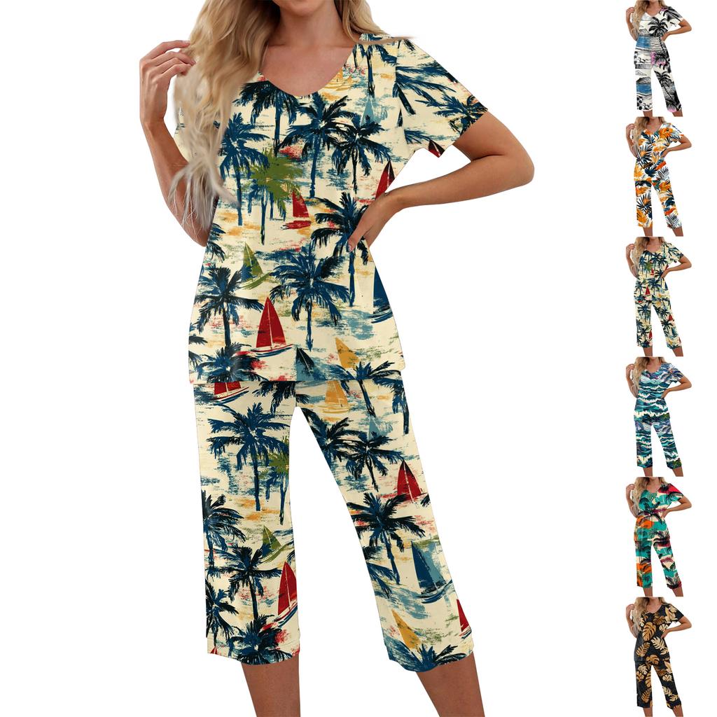 2 Piece Sets For Women Short Sleeve Top And Pants With Pockets Workout Soft Print Sets