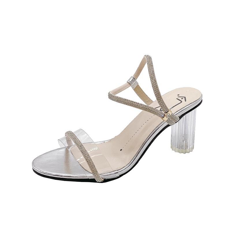 

Модные босоножки 2025 года, летняя корейская версия, модные новые прозрачные босоножки с толстым каблуком и стразами в форме рыбьего рта с пряжкой в одно слово 40 серебряный