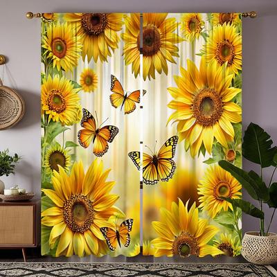 2PCS Cortina digital HD estampada amarilla lazo flores de girasol Mariposa Estilo de decoración del hogar Decora sala de estar dormitorio Wea