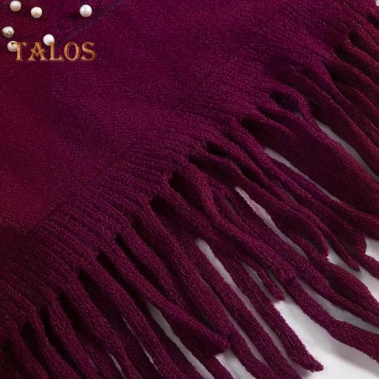 Women Fall Winter Cloak Tassel Bead Decor Faux Fur Decor Triangle Shape Solid Color Knitted Keep Warm Elastic Poncho Shrug Bohemian Style Cable Wrap