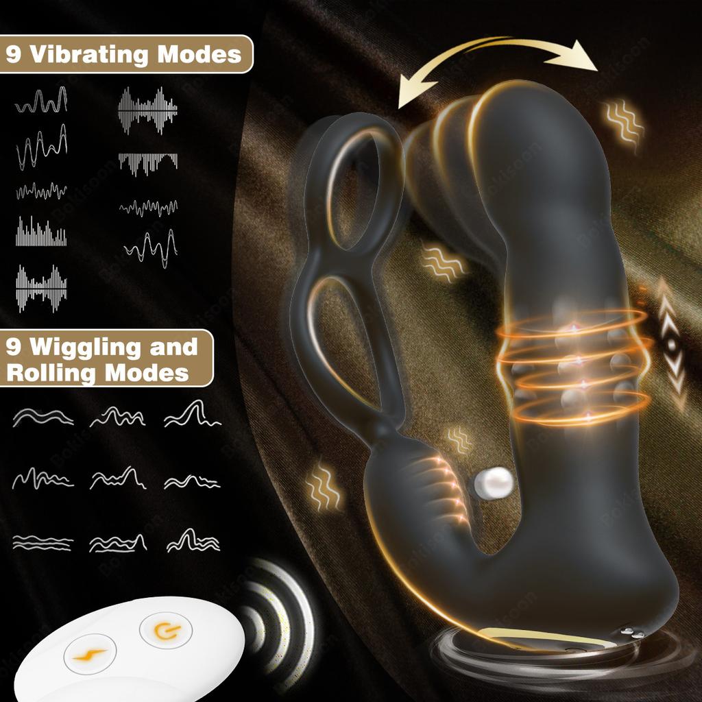 9 Wiggling Thrusting Beads Prostate Massager Vibrating Butt Plug with Penis Ring Vibrator Anal Dildo Prostate Stimulor for Men Double-locking Ring