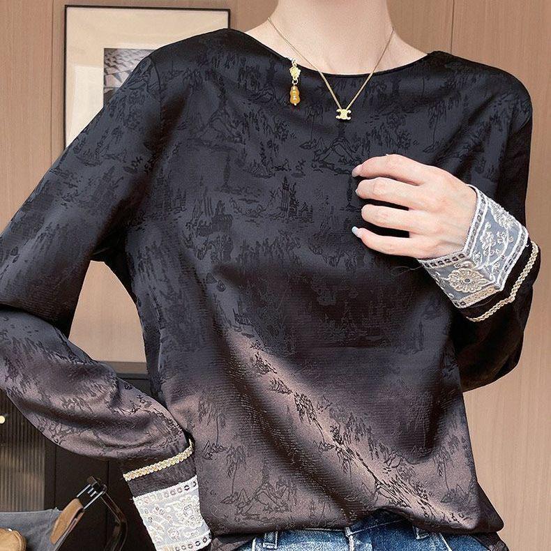 Elegantes Jacquard-Rundhals-Satinhemd für Damen – Neuer chinesischer Stil für Frühling & Herbst