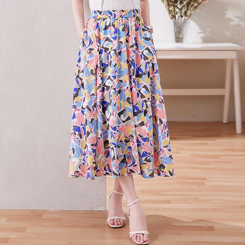 Damen Chiffon Blumen A-Linien Rock - Stilvoller Sommer Elastischer Bund Überwurf