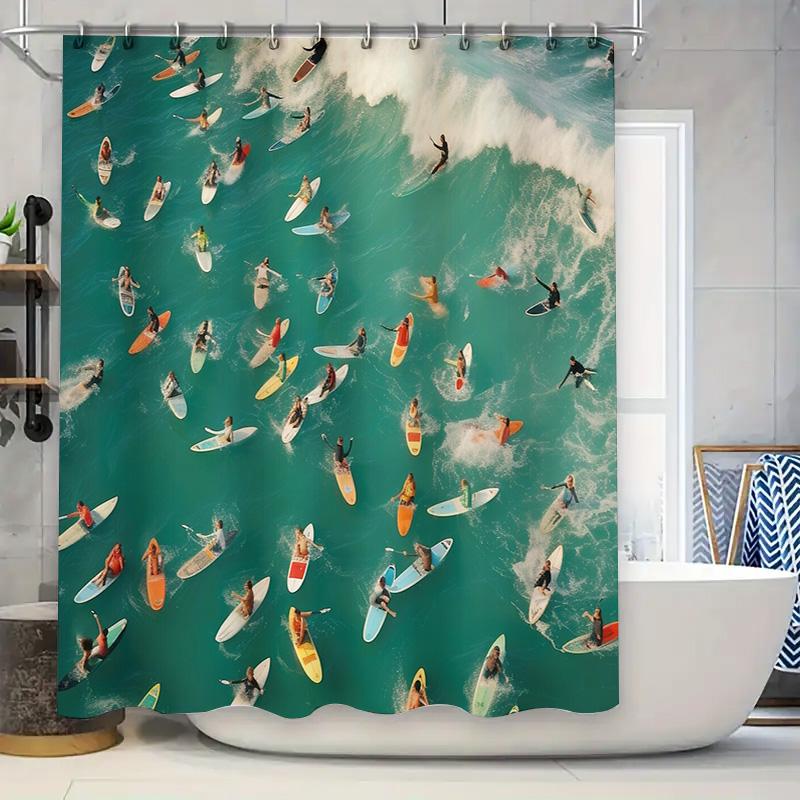 Ocean Wave Shower Curtain Blue Sea Beach Pattern Bathroom Decor Waterproof Fabric Liner Coastal Vibes Home Textile Wall Hanging